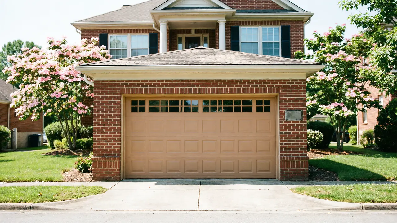 A brown garage door with windows on a brick house.