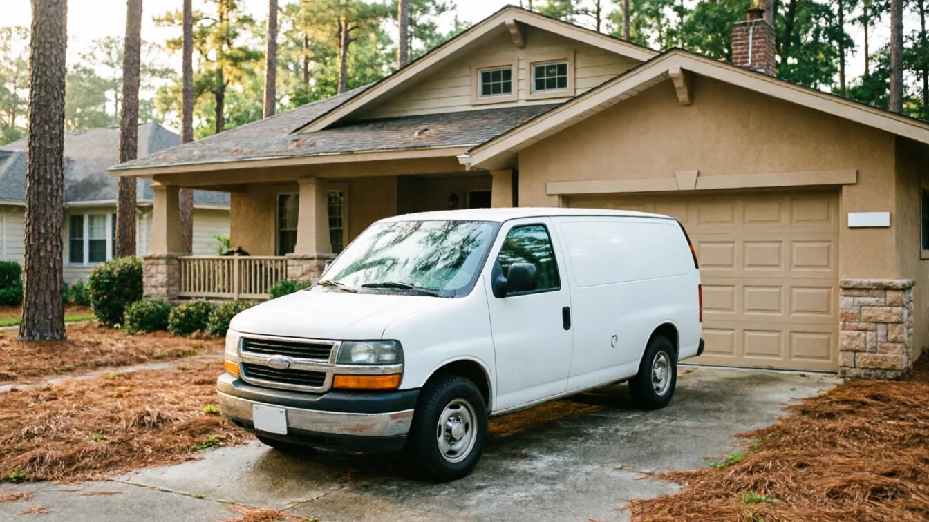 A white service van is parked in a driveway in front of a house with a tan garage door.