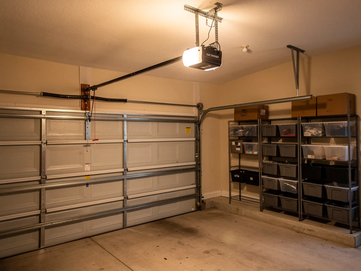 A white garage door is closed with an opener and storage shelves visible.